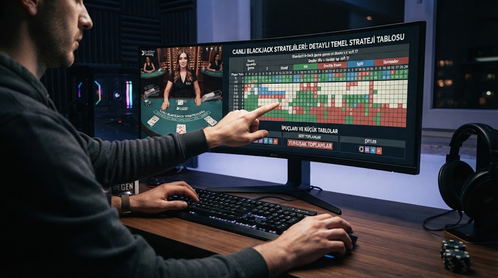 canli blackjack stratejileri detaylarını inceleyen oyuncunun gözünden ekran görünümü.