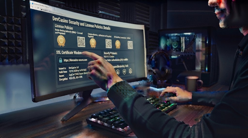 devcasino güvenlik ve lisans politikaları detaylarını bilgisayar ekranından inceleyen oyuncunun elleri.