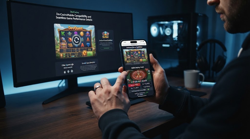 devcasino mobil uyumluluk ve kesintisiz oyun performansı detaylarını akıllı telefon ekranından inceleyen oyuncunun elleri.