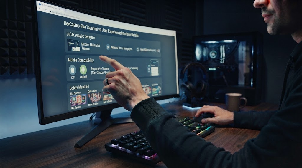 devcasino site tasarımı ve kullanıcı deneyimi detaylarını bilgisayar ekranından inceleyen oyuncunun elleri.