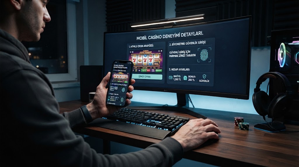 mobil casino deneyimi detaylarını akıllı telefon ekranından inceleyen oyuncunun elleri.