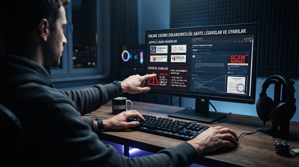 online casino dolandiriciligi detaylarını inceleyen oyuncunun gözünden ekran görünümü.