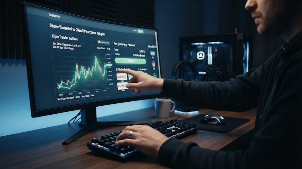 online casino odeme yontemleri ve guvenli para cekme detaylarını bilgisayar ekranından inceleyen oyuncunun elleri.